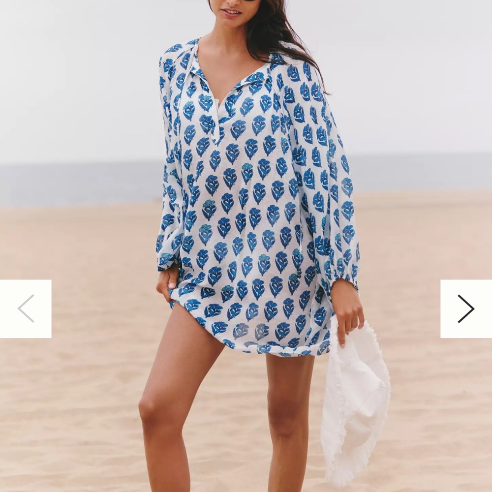 Celandine Long-Sleeve Tie-Neck Mini Kaftan